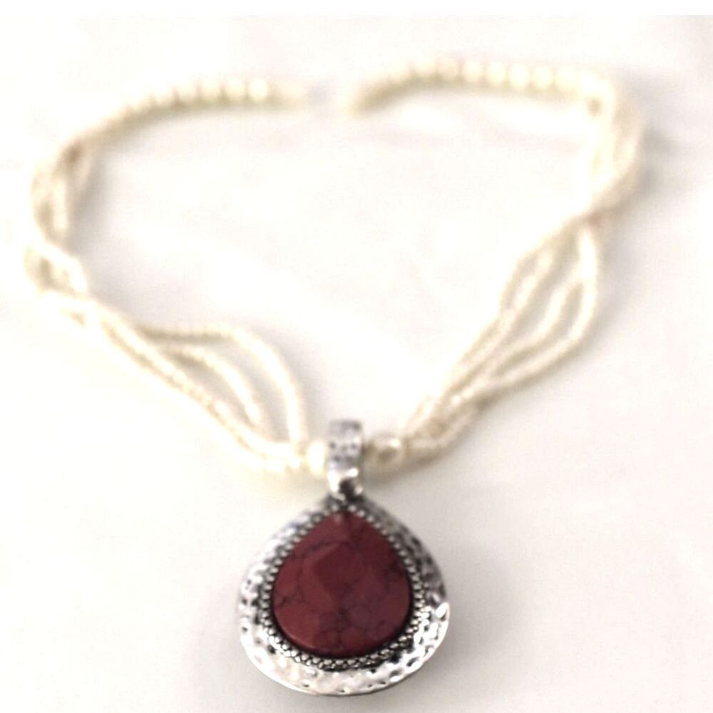 Vtg 2 In 1 Coral Red/Cream Silver Tone Pendant 4 Strand Seed Pearl 8" Necklace